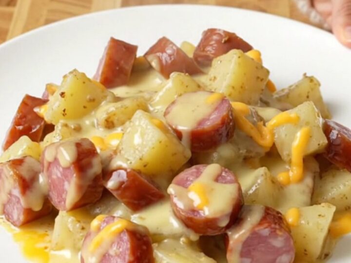 Crockpot cheddar garlic kielbasa and potatoes on a white plate