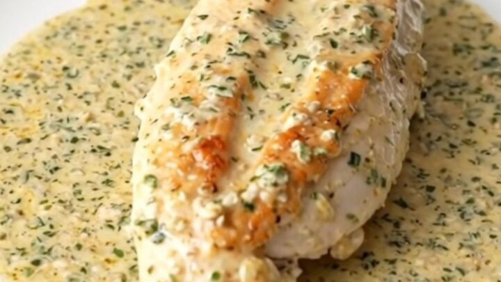 Slow cooker angel chicken: whole chicken breasts in thick creamy Italian herb sauce in a black ceramic insert on a quartz