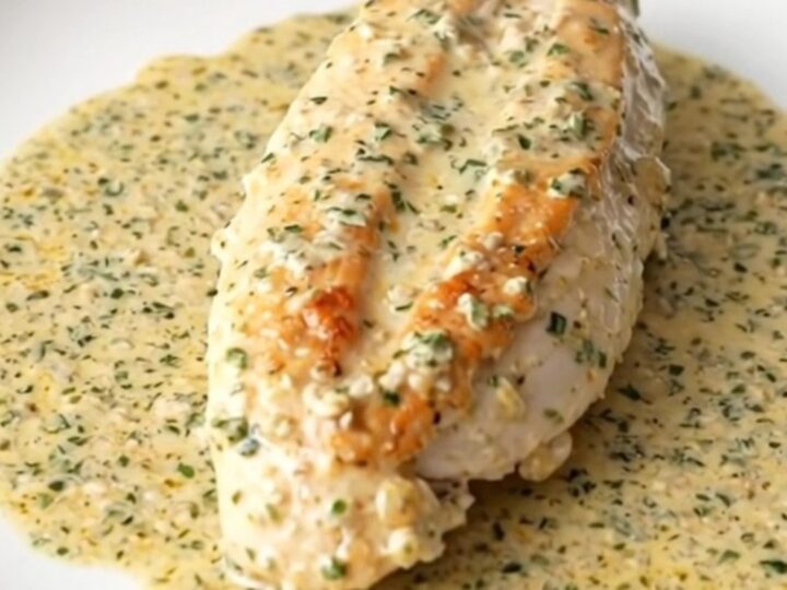 Slow cooker angel chicken: whole chicken breasts in thick creamy Italian herb sauce in a black ceramic insert on a quartz