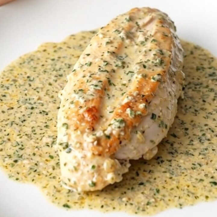 Slow cooker angel chicken: whole chicken breasts in thick creamy Italian herb sauce in a black ceramic insert on a quartz