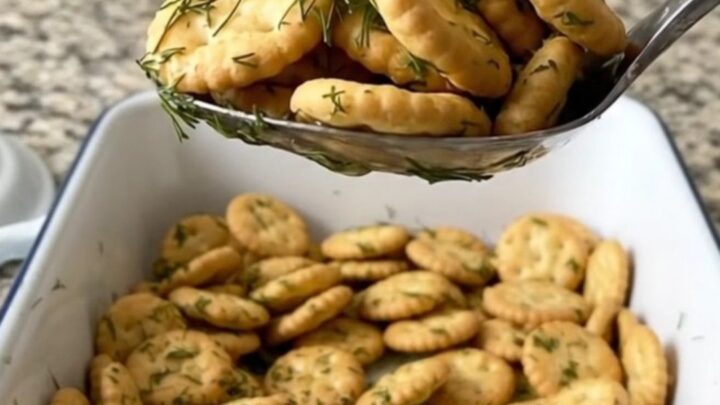 Toasted dill pickle oyster crackers coated in garlic dill butter, heaped on a large serving spoon over a white baking dish