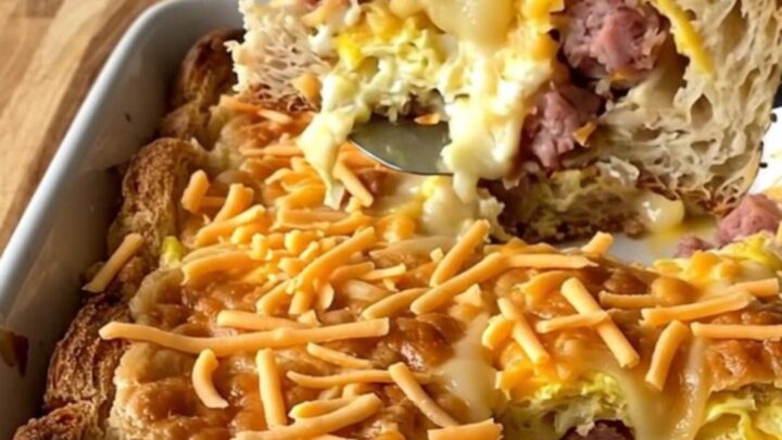 Baked turkey sausage, apple and cheddar breakfast strata puffed and golden in a white ceramic baking dish with bubbling edges