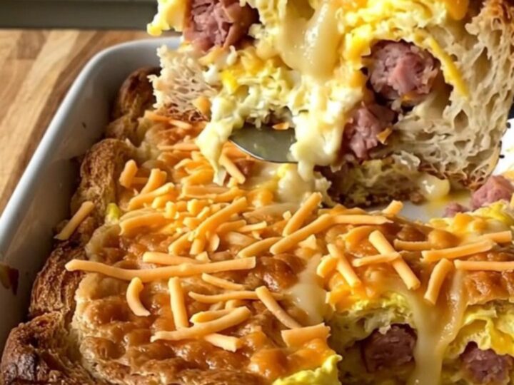 Baked turkey sausage, apple and cheddar breakfast strata puffed and golden in a white ceramic baking dish with bubbling edges