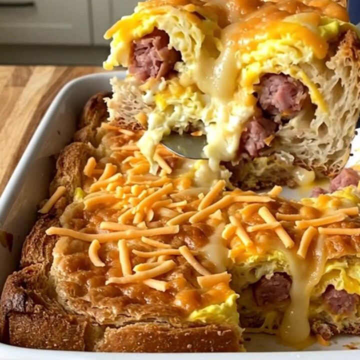 Baked turkey sausage, apple and cheddar breakfast strata puffed and golden in a white ceramic baking dish with bubbling edges