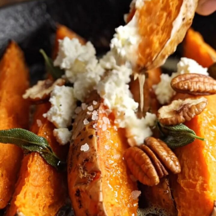 Crispy accordion sweet potato wedges in a cast-iron skillet, fanned ridges topped with brown butter, crispy sage