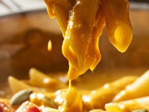 Glossy amber penne coated in creamy butternut squash sauce with crispy pancetta, fried sage and pumpkin seeds