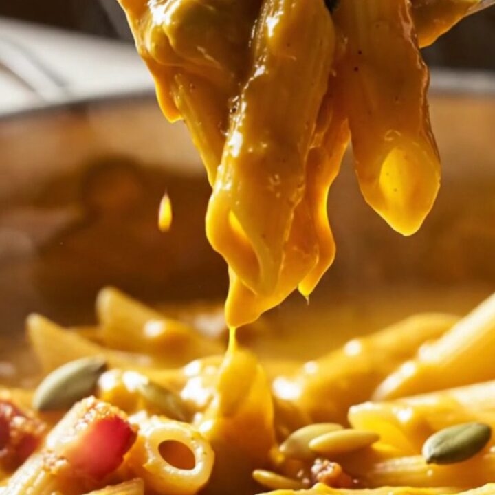 Glossy amber penne coated in creamy butternut squash sauce with crispy pancetta, fried sage and pumpkin seeds