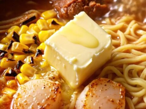 Hokkaido miso butter corn ramen with golden seared scallops, charred corn and melting butter in a steaming bowl