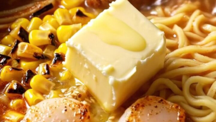 Hokkaido miso butter corn ramen with golden seared scallops, charred corn and melting butter in a steaming bowl