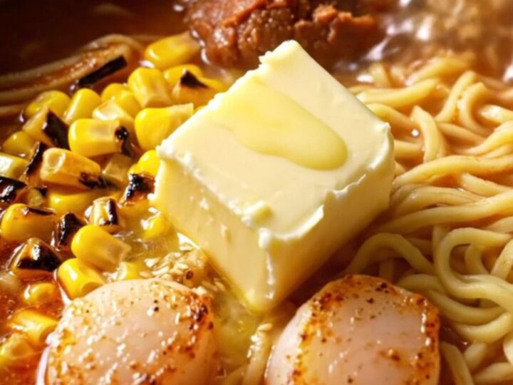 Hokkaido miso butter corn ramen with golden seared scallops, charred corn and melting butter in a steaming bowl
