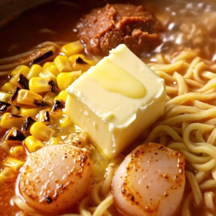Hokkaido miso butter corn ramen with golden seared scallops, charred corn and melting butter in a steaming bowl