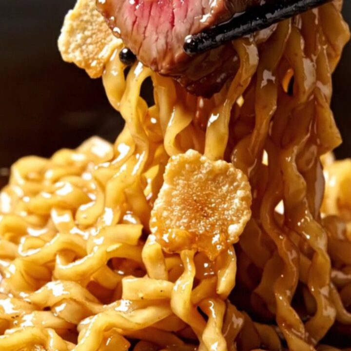 Seared Wagyu ribeye cubes with crispy garlic chips over glossy soy-butter ramen noodles in a dark bowl