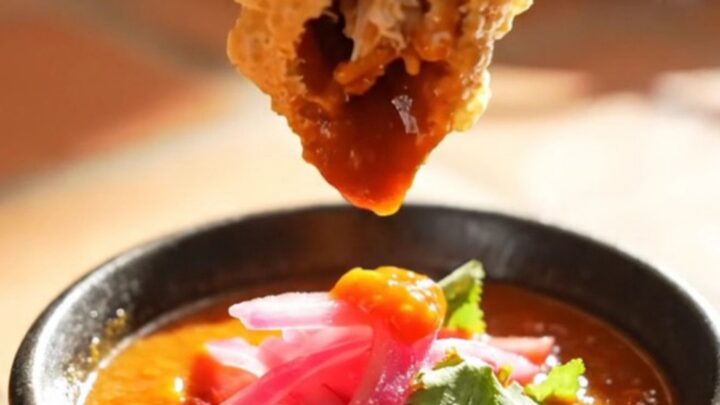Golden blistered chicken birria empanada broken in half with molten Monterey Jack stretching and steam rising