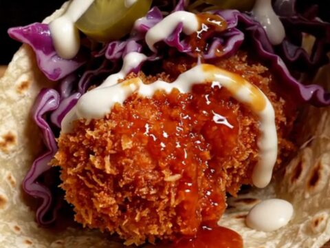 Nashville hot chicken street taco dripping red cayenne glaze over crunchy breading, purple slaw and pickles