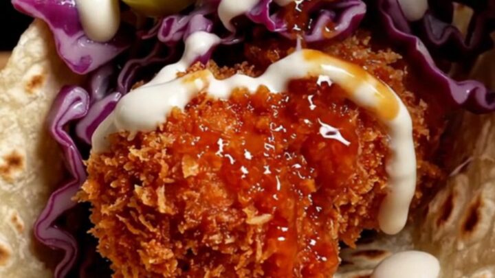 Nashville hot chicken street taco dripping red cayenne glaze over crunchy breading, purple slaw and pickles