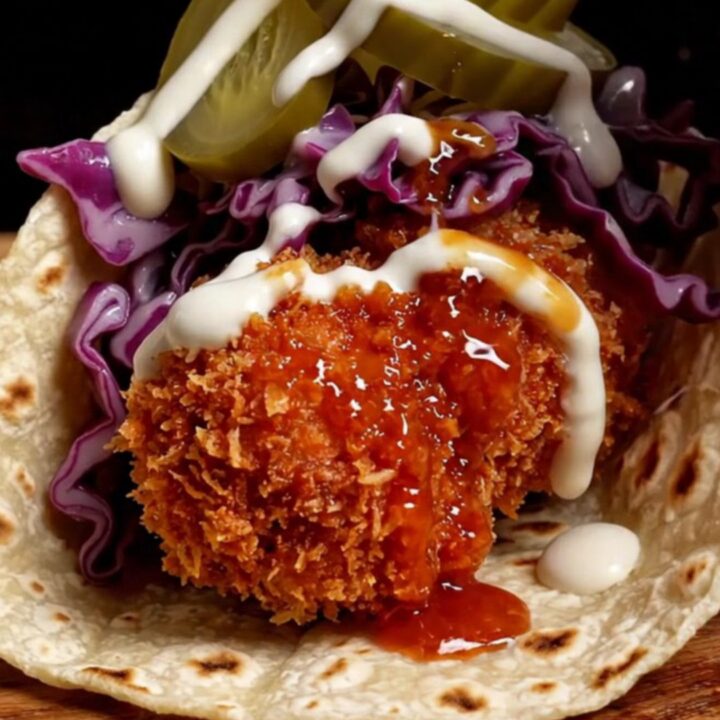 Nashville hot chicken street taco dripping red cayenne glaze over crunchy breading, purple slaw and pickles