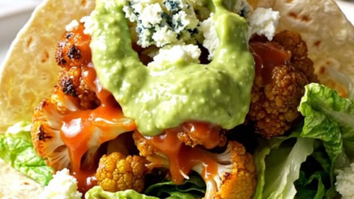 Buffalo cauliflower tacos with glossy orange florets, blue cheese and avocado ranch drizzle in charred tortillas on a white