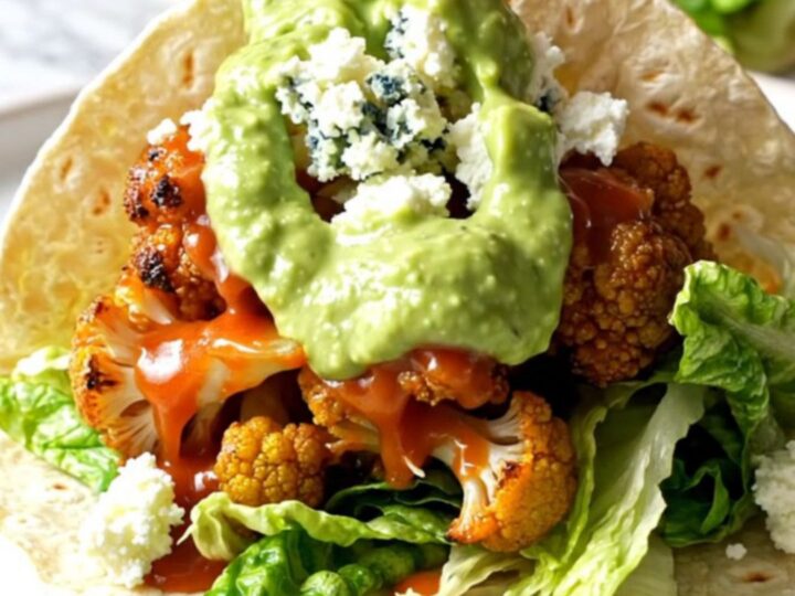 Buffalo cauliflower tacos with glossy orange florets, blue cheese and avocado ranch drizzle in charred tortillas on a white