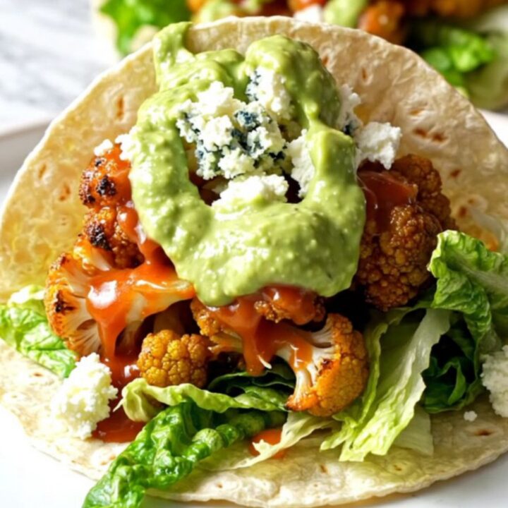 Buffalo cauliflower tacos with glossy orange florets, blue cheese and avocado ranch drizzle in charred tortillas on a white