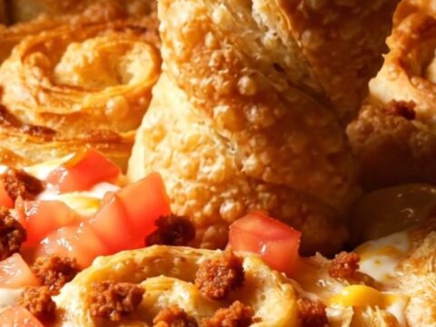 Golden crispy tortilla cheese twists piled beside a bubbling skillet of white queso topped with tomatoes and chorizo