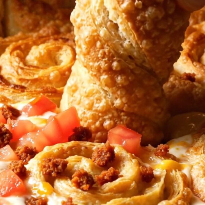 Golden crispy tortilla cheese twists piled beside a bubbling skillet of white queso topped with tomatoes and chorizo