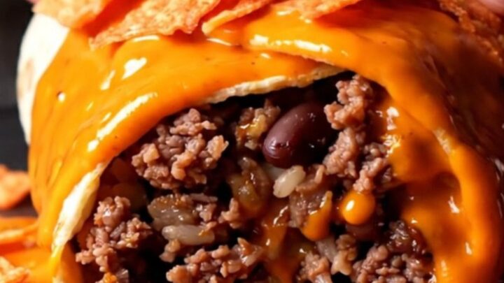 Seared burrito drenched in glossy red volcano queso with crunchy red tortilla strips on top, steam rising