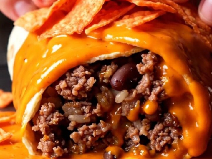 Seared burrito drenched in glossy red volcano queso with crunchy red tortilla strips on top, steam rising