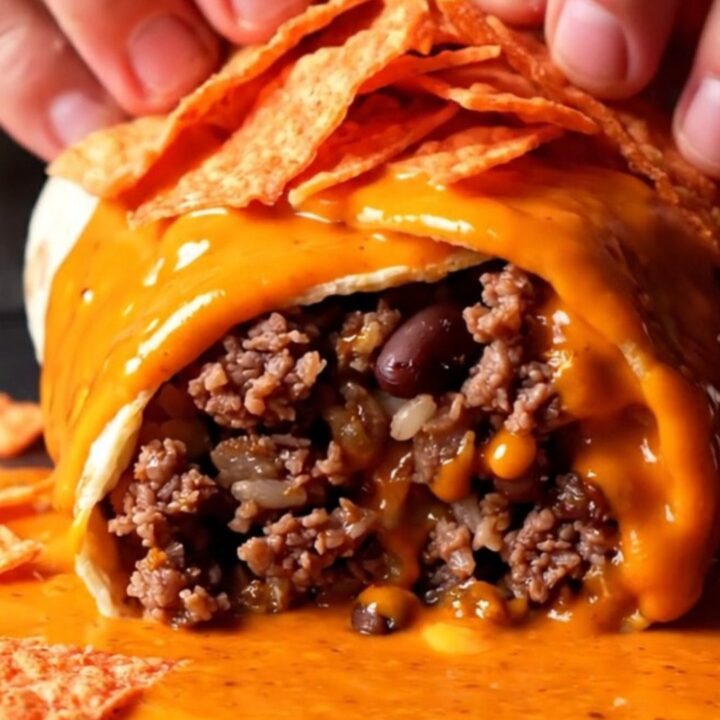 Seared burrito drenched in glossy red volcano queso with crunchy red tortilla strips on top, steam rising
