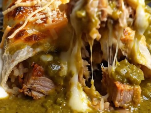 Smothered green chile carnitas burrito under bubbling Monterey Jack in a cast-iron dish