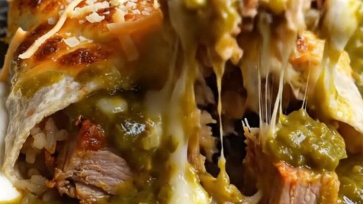 Smothered green chile carnitas burrito under bubbling Monterey Jack in a cast-iron dish