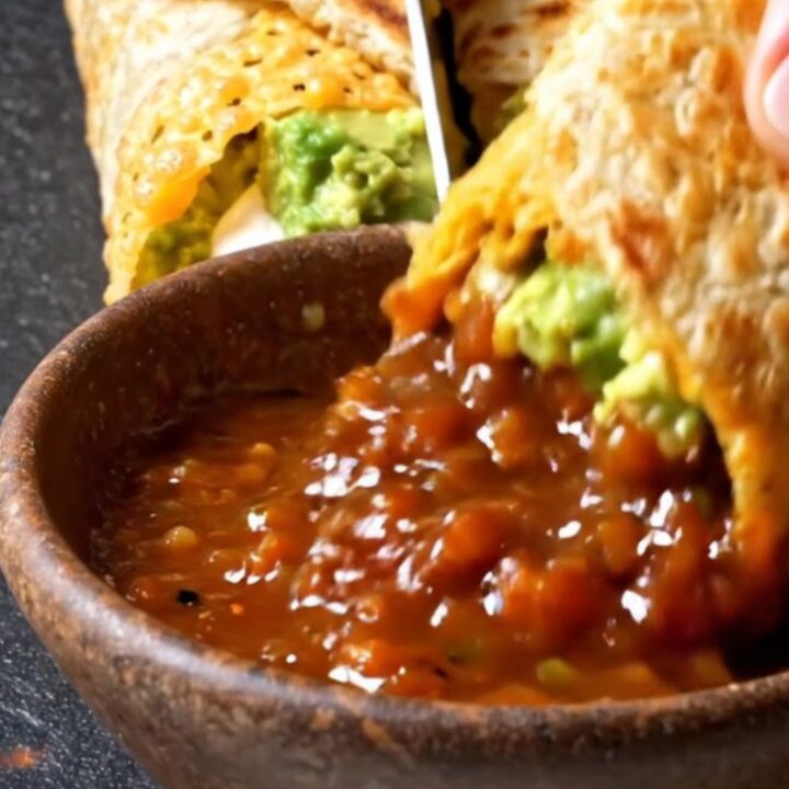A halved burrito wrapped in a golden baked cheddar shell showing steak, guacamole and sour cream layers