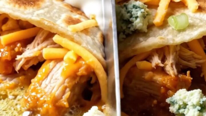 Golden buffalo chicken quesadilla wedge with a long stretch of melted mozzarella and cheddar, drizzled with ranch