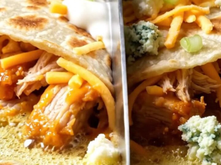 Golden buffalo chicken quesadilla wedge with a long stretch of melted mozzarella and cheddar, drizzled with ranch