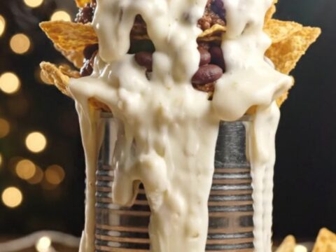 Towering trash can nachos with layers of chips, taco beef, black beans and molten white queso cascading down a platter