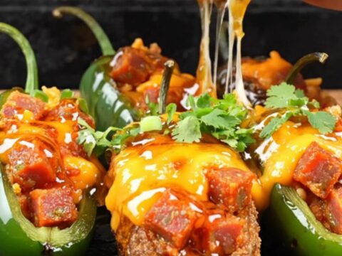 Platter of charred chorizo jalapeño poppers drizzled with smoky hot honey and topped with fresh cilantro