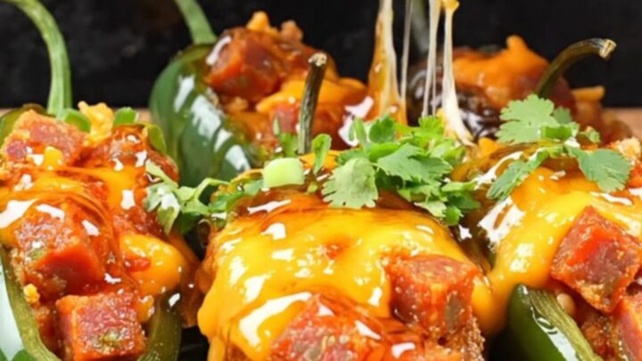 Platter of charred chorizo jalapeño poppers drizzled with smoky hot honey and topped with fresh cilantro
