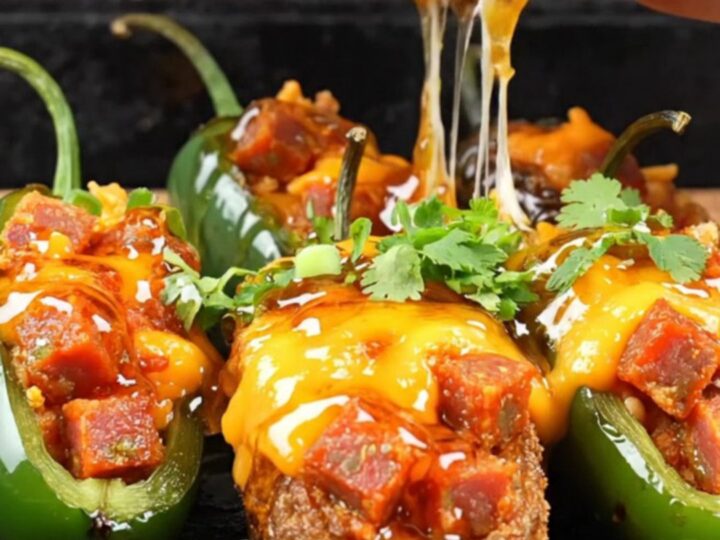 Platter of charred chorizo jalapeño poppers drizzled with smoky hot honey and topped with fresh cilantro