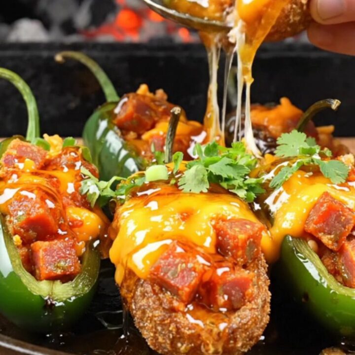 Platter of charred chorizo jalapeño poppers drizzled with smoky hot honey and topped with fresh cilantro