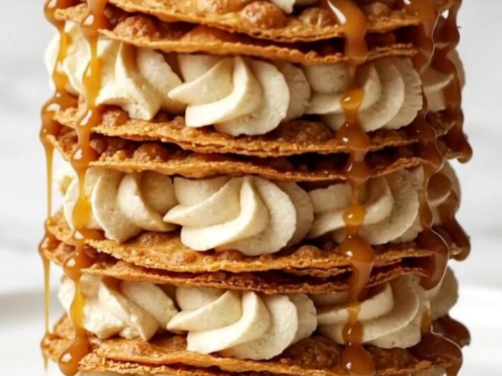 Six-layer crispy cinnamon tortilla mille-feuille topped with raspberries and caramel drizzle on a white plate