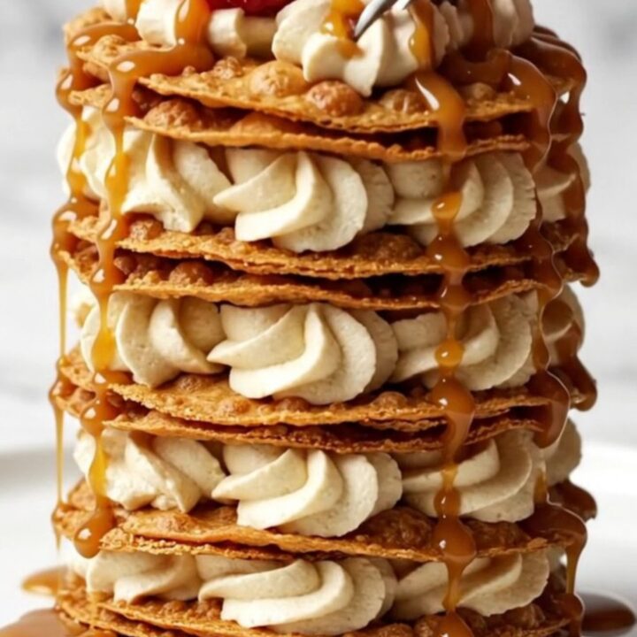 Six-layer crispy cinnamon tortilla mille-feuille topped with raspberries and caramel drizzle on a white plate
