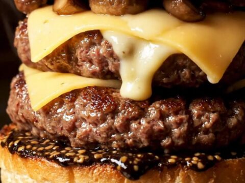 Truffle mushroom Swiss smash burger cut in half, showing melted aged Swiss