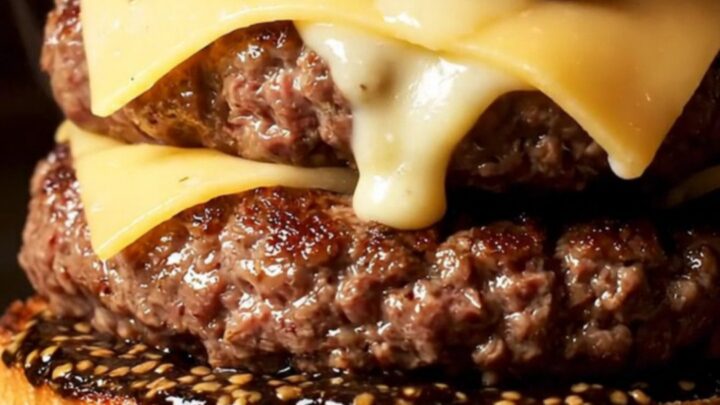 Truffle mushroom Swiss smash burger cut in half, showing melted aged Swiss