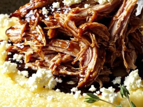 Shredded balsamic fig chicken glazed dark and jammy, spooned over creamy polenta with crumbled goat cheese and thyme