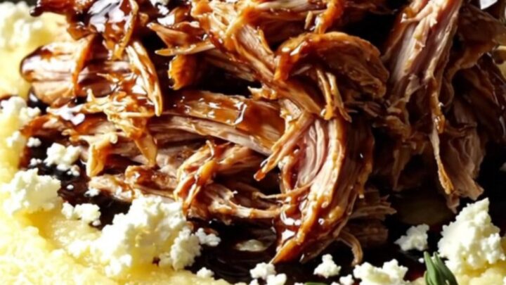 Shredded balsamic fig chicken glazed dark and jammy, spooned over creamy polenta with crumbled goat cheese and thyme