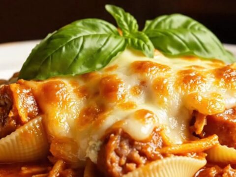 Slow cooker stuffed shells with sweet Italian sausage under a golden bubbling mozzarella blanket