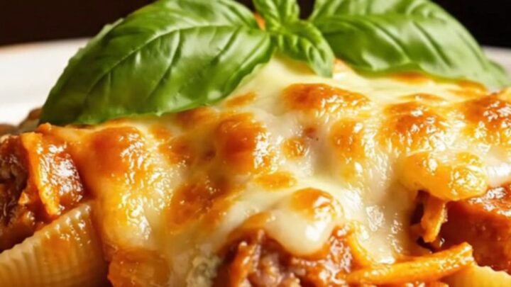 Slow cooker stuffed shells with sweet Italian sausage under a golden bubbling mozzarella blanket