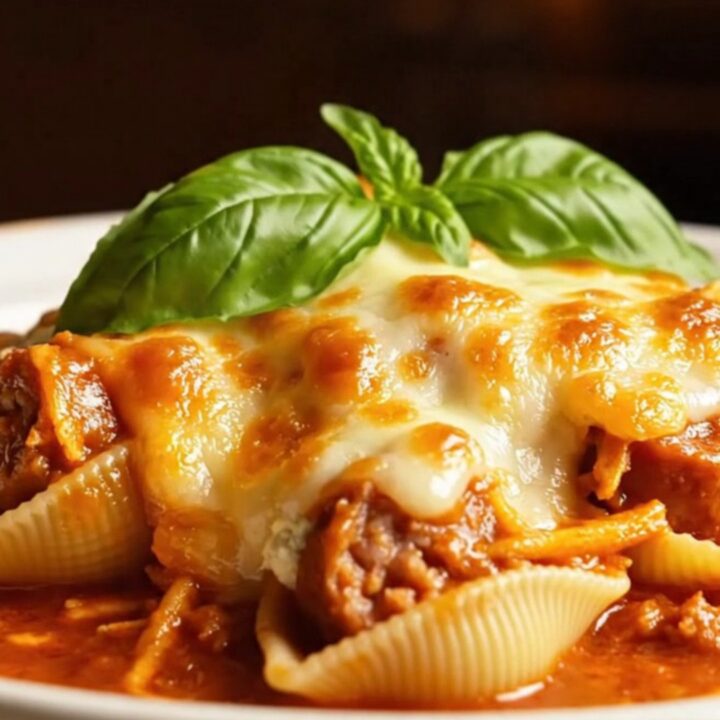 Slow cooker stuffed shells with sweet Italian sausage under a golden bubbling mozzarella blanket