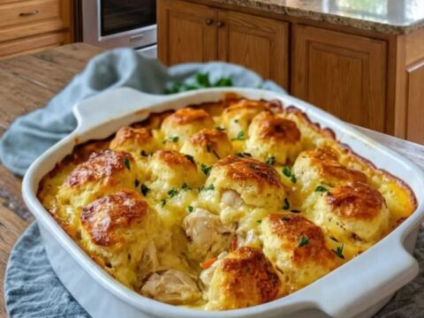Golden-brown chicken bubble biscuit bake in a white baking dish, melted cheese stretching as a spoon scoops in