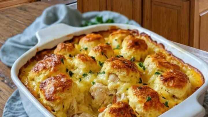 Golden-brown chicken bubble biscuit bake in a white baking dish, melted cheese stretching as a spoon scoops in