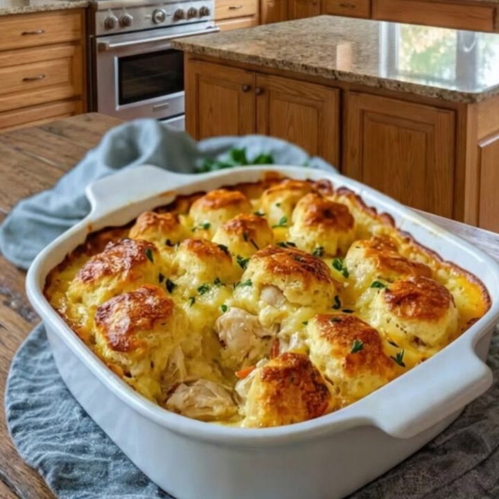 Golden-brown chicken bubble biscuit bake in a white baking dish, melted cheese stretching as a spoon scoops in
